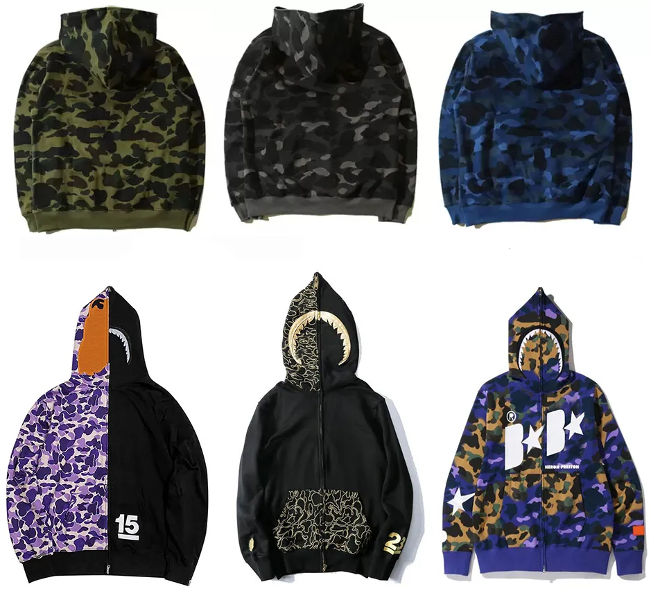 Sweats à capuche pour hommes Shark Mens Sweat à capuche Mode Hip Hop Retro Street Bapihoodys Zip Up Veste Coton Shark Camouflage Hoody Taille M-3
