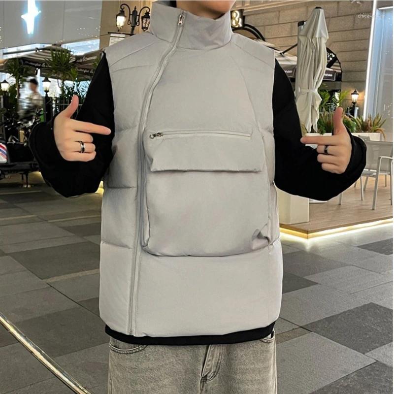 Autumn Winter Men's Cotton Padded Vest Stand Collar Sleeveless Oblique Zipper Front Pockets Design Men Thicken Vests Warm Jacket
