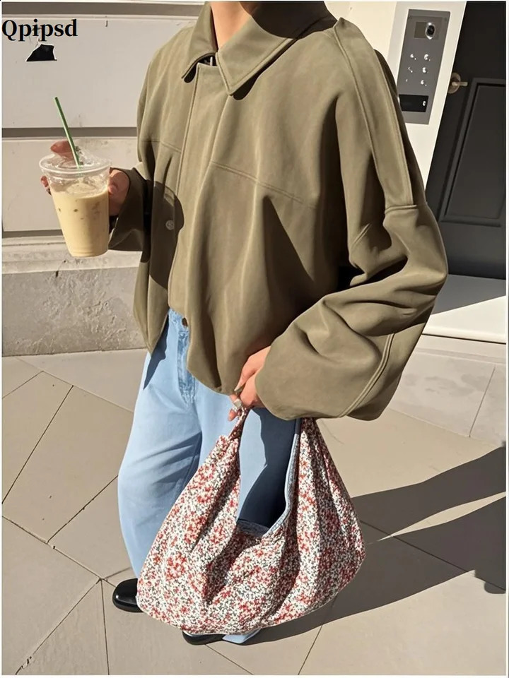 Spring Women's Green Suede Short Jacket Loose Lapel Zipper Long Sleeve Bomber Coat Lady Outwears Female High Street 260921