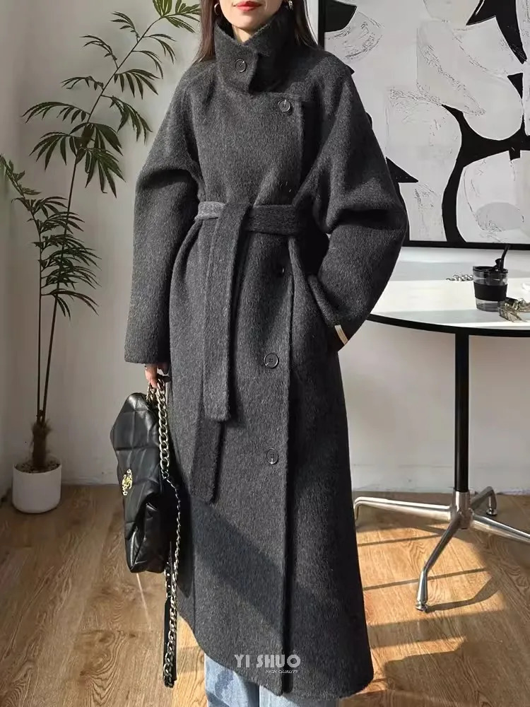 Korean Fashion Dark Gray Stand Collar 100%Wool Coat Women Long Winter Jacket 260921