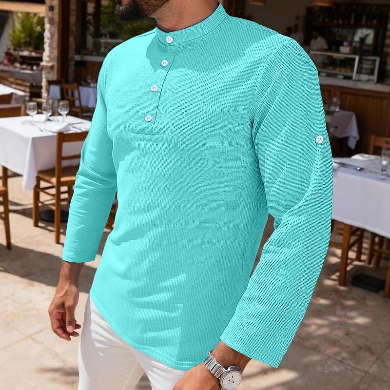 Mens Waffle Knit Stand Collar Long Sleeve Shirt Partial Button Front Adjustable Roll Up Tab Sleeve Relaxed Fit Casual Vacation Blouse