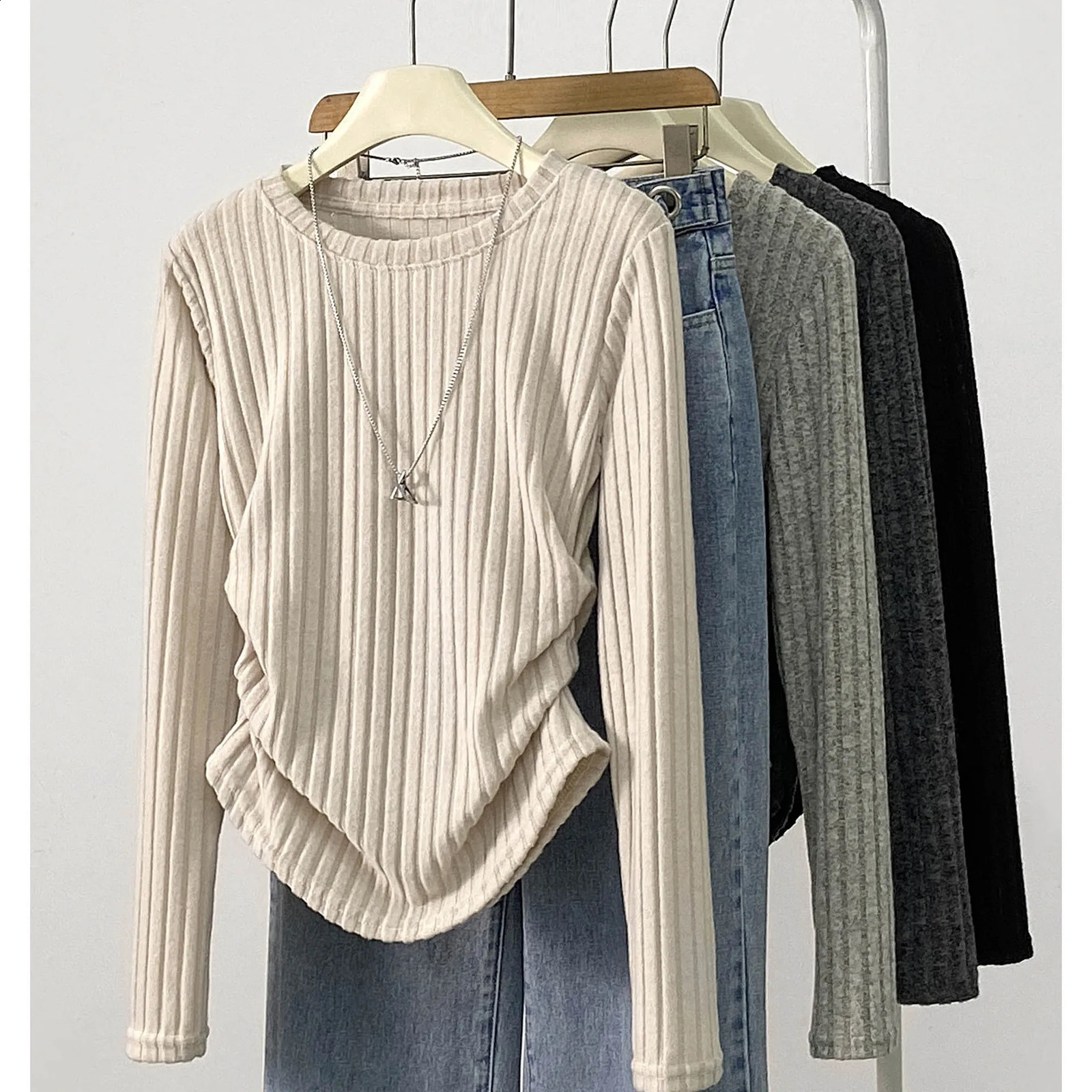 Women T-shirt O-neck Strip Knitted Sweater Long-sleeved Tops Autumn Winter Warm Bottoming Shirts High Strecth Slim T-shirts 260921