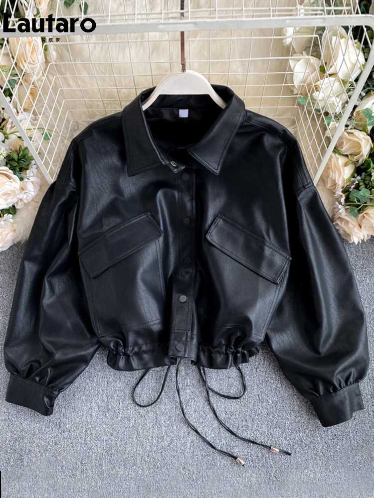 Leather Faux Women's Leather Lautaro-Short PU Leather Jacket for Women Black Cool Light Soft Long Puff Sleeve Casual Loose Korean Fashion Sprin