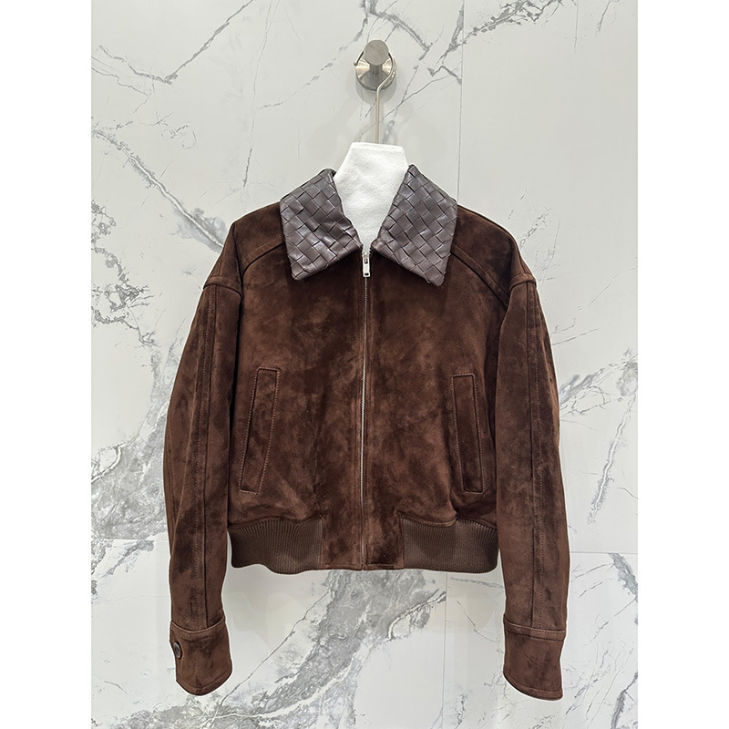 Designer 26 Imported Suede Sheepskin Early Spring Retro Modern Fashion Short Leather Jacket With Knitted Collar And A Biker Style cc97
