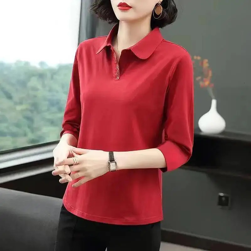 Women's Clothing Casual Versatile Autumn and Winter Splice Button Long Sleeved Solid Color Temperament Pullover POLO Shirt 260922
