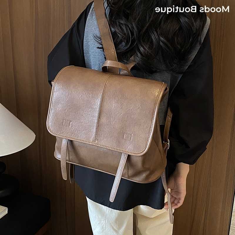 Vintage MOODS Backpack Soft Style Vegan Leather Backpack For Women Flap Satchels Backpack Large Capacity School Book Bag Laptop Travel Rucksack H260
