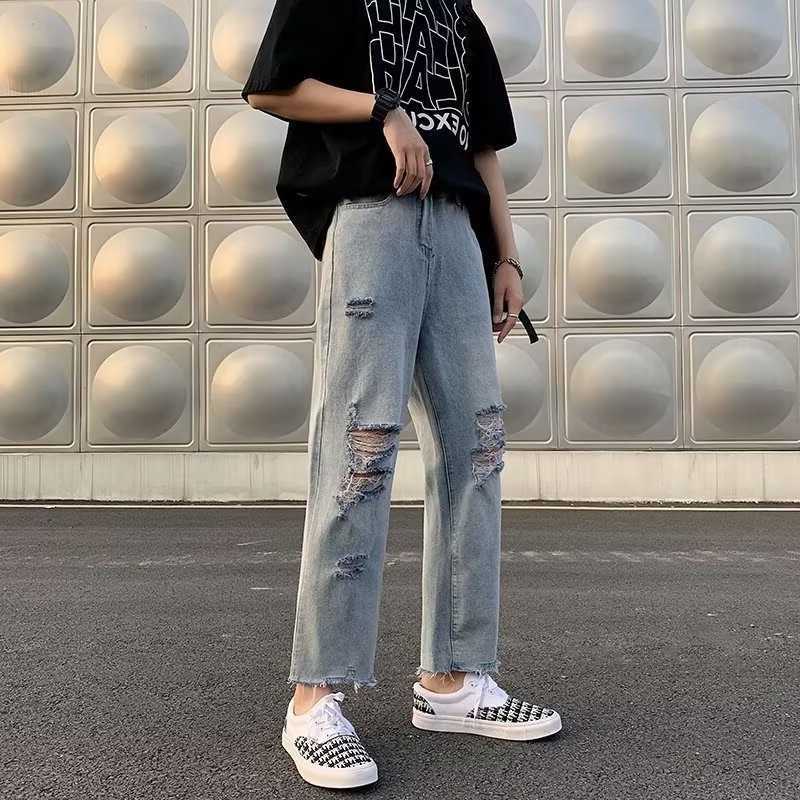 Men's Men's Jeans Jeans Man Pants Loose Straight Cut Button Fly Distressed Light Wash Denim Trousers Street Style Summer New Arrival T2609