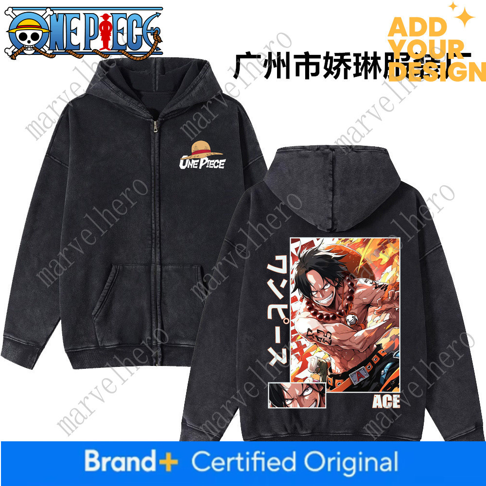 Felpa con cappuccio americana retrò lavata con cerniera per uomo e donna, stile hip-hop, caratterizzata da una stampa a tema scuro dell'anime di One