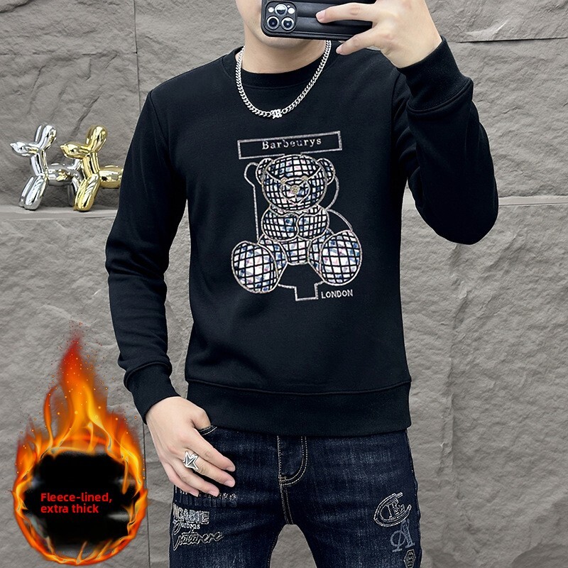 Jersey de manga larga con cuello redondo y oso de dibujos animados para hombre, sudadera de capa Base, forro polar y grueso, Otoño e Invierno