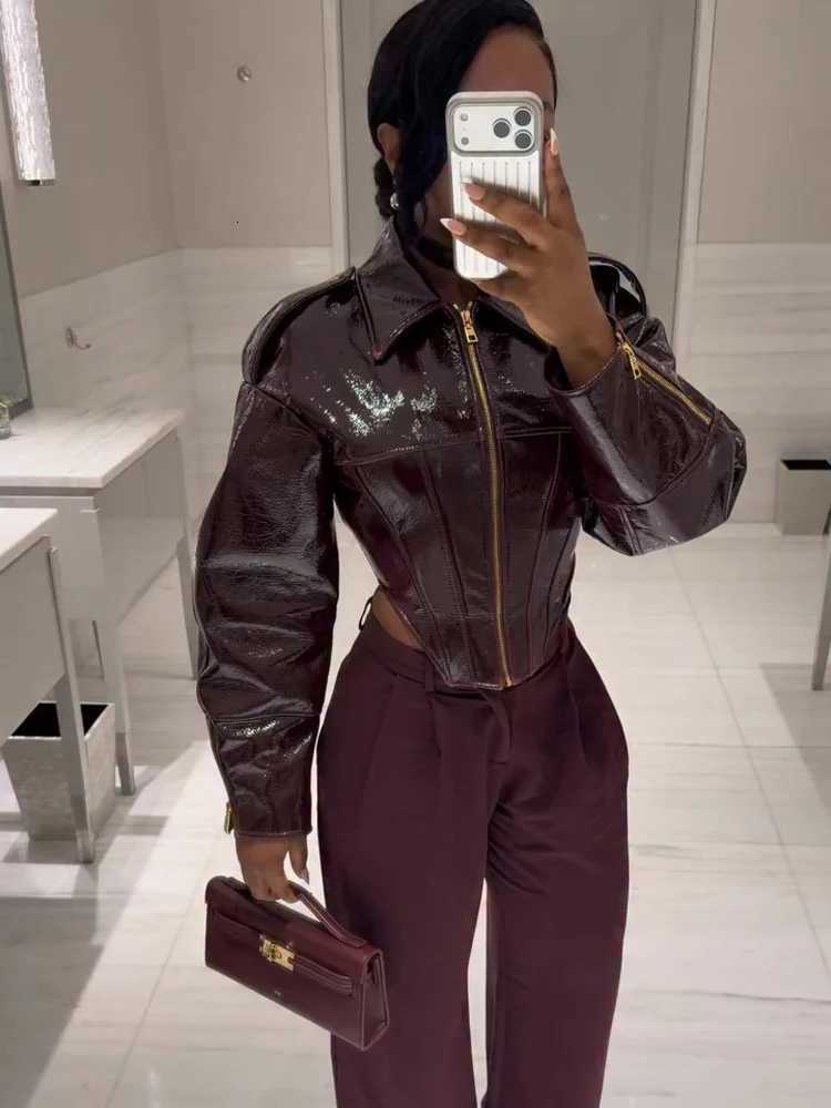 Cinched-waist Women Retro Coated Leather Jacket Casual Lapel Full Sleeve Zipper Fishbone Coats 2026 Lady Daily High Street Coat C260921