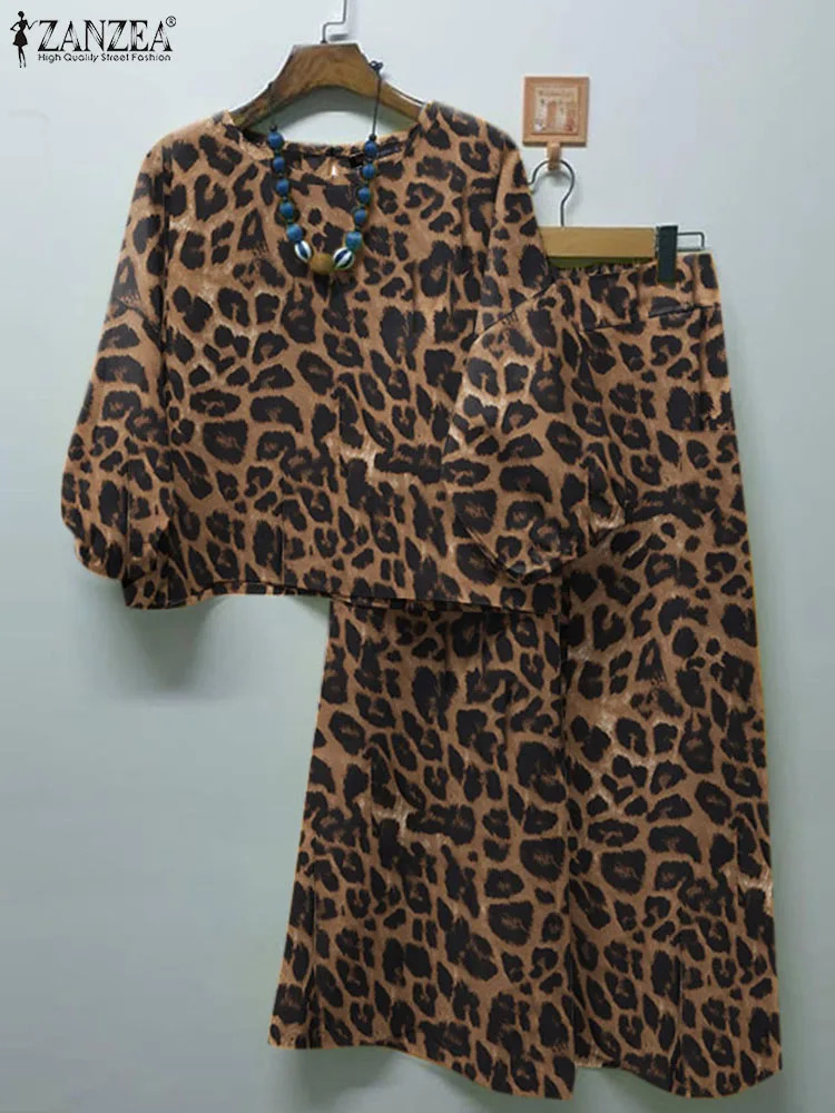 ZANZEA Spring Leopard Printed Matching Sets 34 Sleeve ONeck Blouse Casual Trousers 2PCS Woman Fashion Party Suit Oversized 260922