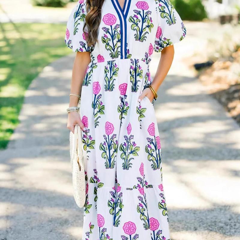 Designer Style Haute Qualité Nouvelles Femmes Col En V Imprimé Floral Robe Longue À Manches Courtes Coupe Ample Casual Doux Printemps Été Robe De