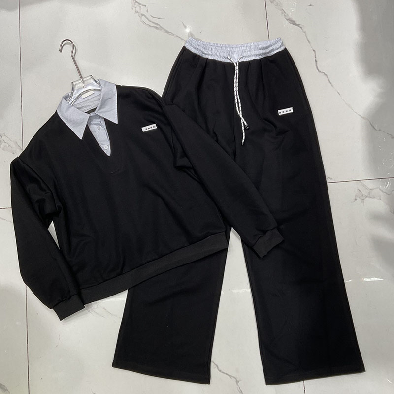 Preppy Style Tracksuit Women Designer Lapel Striped Patchwork Loose Campus Pullover Elastic Waist Sporty Straight Stretchy Casual Pants