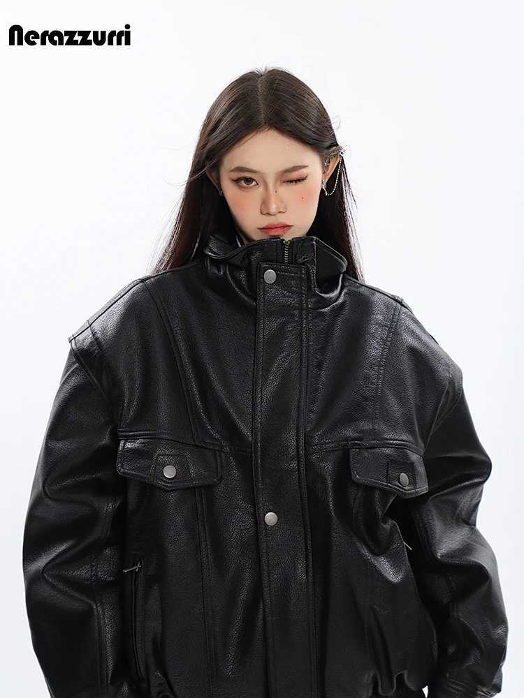 Women's Jackets Nerazzurri Spring Autumn Oversized Cool Windproof Thick Black Pu Leather Jacket Women Zip Up Luxury Designer Unisex Clothes 202