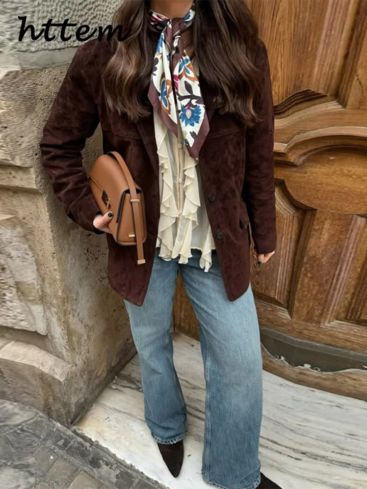 Street Women's Brown Suede Jacket Loose Lapel Single Breasted Pocket Long Sleeve Female Blazer Autumn Lady Vintage Outwear 260921