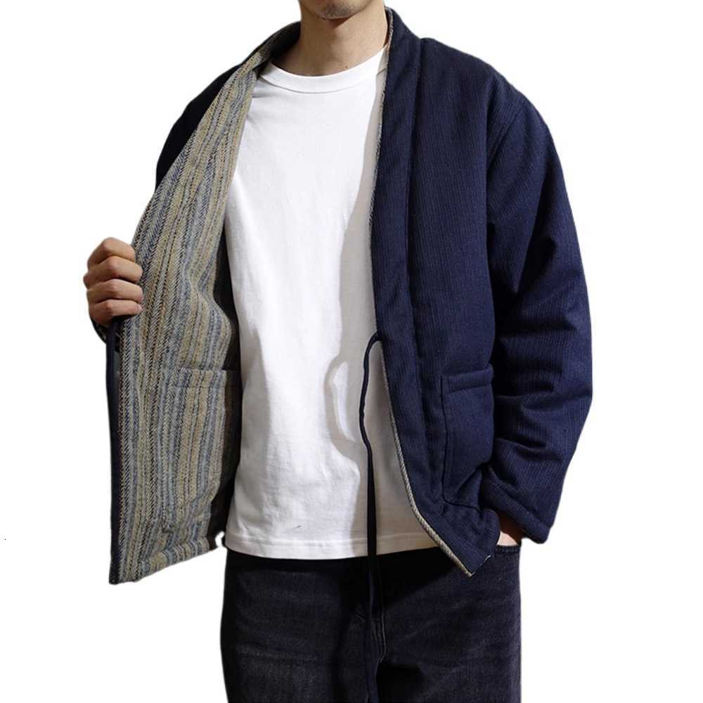 Down Parkas Both Sides Men's Wearable Winter Warm Coat Men Japanese Streetwear Vintage Stripe Loose Casual Padded-cotton Kimono Robe Parkas Jac