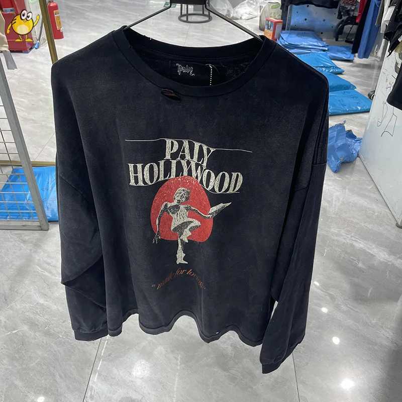 Men's Hoodies Sweatshirts Vintage Printing Cotton Washed Black Oversized Paly Long Sleeve T-shirt Men Woman Casual Hole Old Damaged O-Neck Top