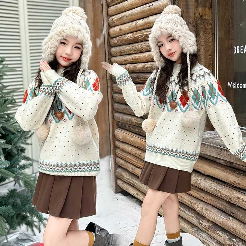 Children Pullover New Geometric Fashion Pattern Christmas Sweater for Tween Girls New Year Knitwear Kids Elegant Christmassweater 5-14 Y C260921