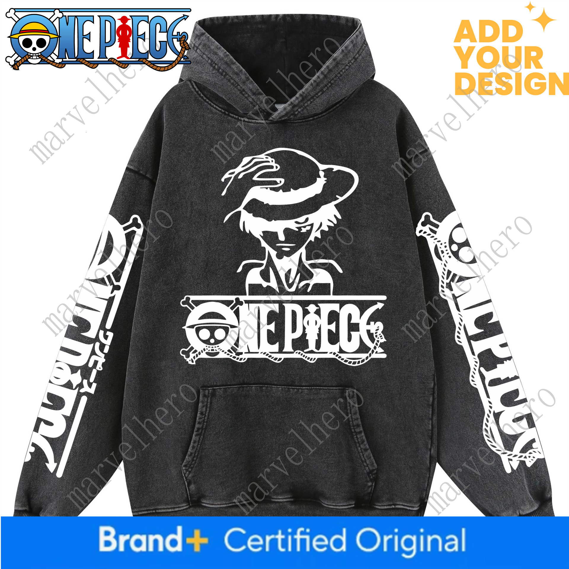 Felpa con cappuccio One Piece Retro in puro cotone vintage lavato e invecchiato per uomo e donna