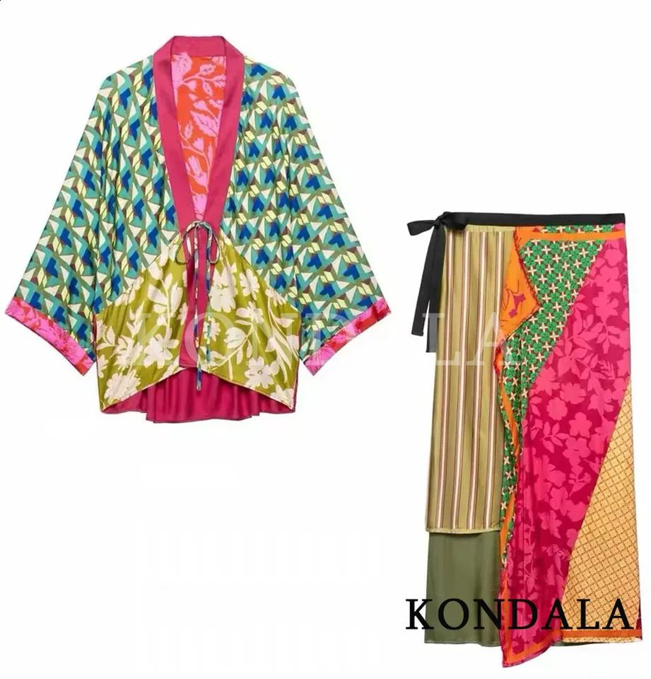 KONDALA Women Holiday Printed Skirt Set 2026 Spring Summer Trendy Festivities Boho Set Chic Laceup Tops Splicing Midi Skirts 260921