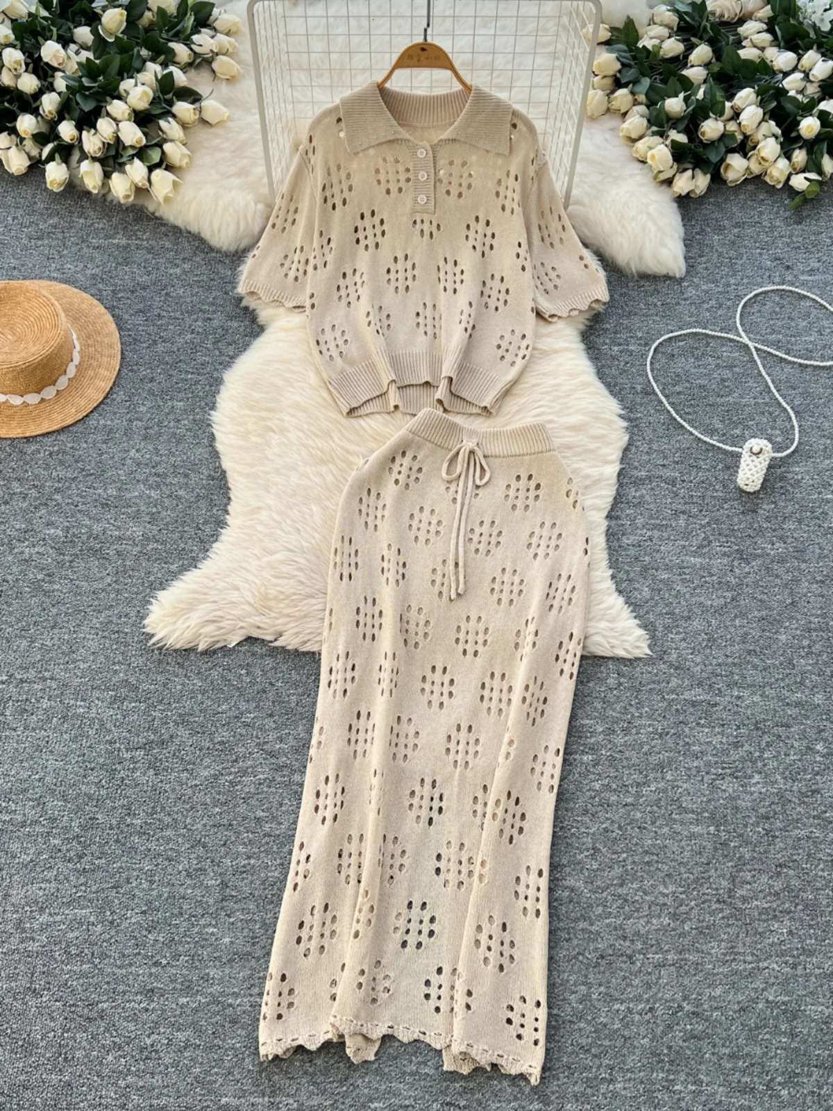 AntiAging Korean Style Knitted Short Sleeve Collared Top And High Waist Half Skirt Fashionable Loose Matching Set for Women 260907