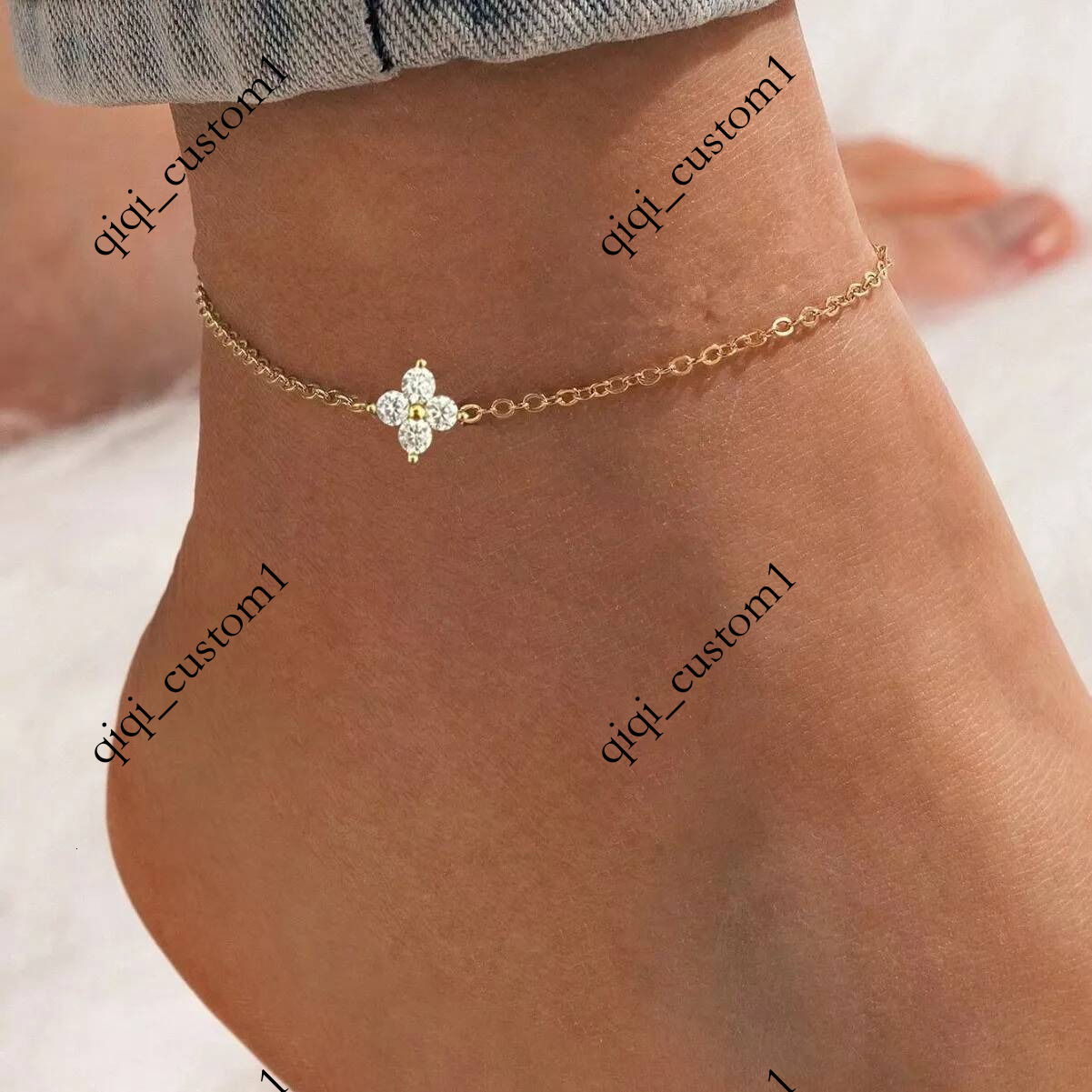 Wholesale Fine Custom 925 Sterling Silver Zircon Clover Anklets 18K Gold Plated Anklet Jewelry for Women