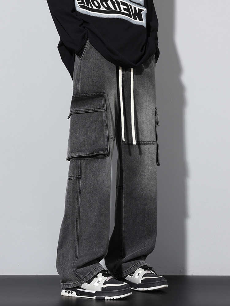 Jeans da uomo nuovi jeans larghi dritti cargo da uomo elastico in vita vintage blu nero grigio fumo pantaloni moda pantaloni maschili High Street T2