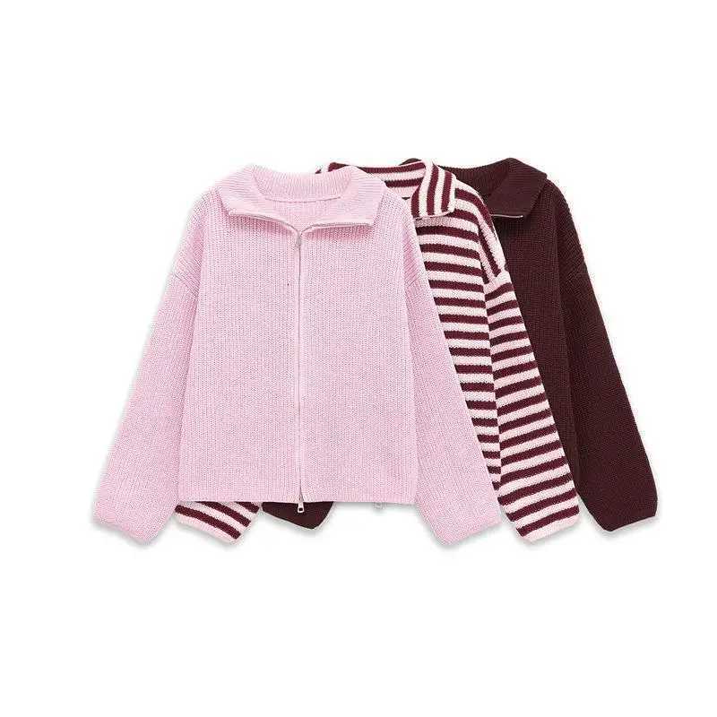 Women's Jackets Casual Loose Knitted Striped Jacket Women's Winter Long Sleeve Street Style Thin Polyester Fabric Regular Fit Zipper Closu