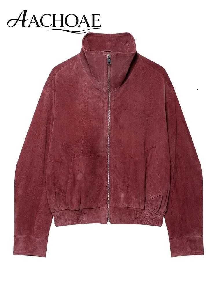 Women's Jackets AACHOAE Women Faux Suede Bomber Jacket Stand Collar Zip Up Loose Vintage Short Coat Casual Streetwear Autumn Winter Outerwear C
