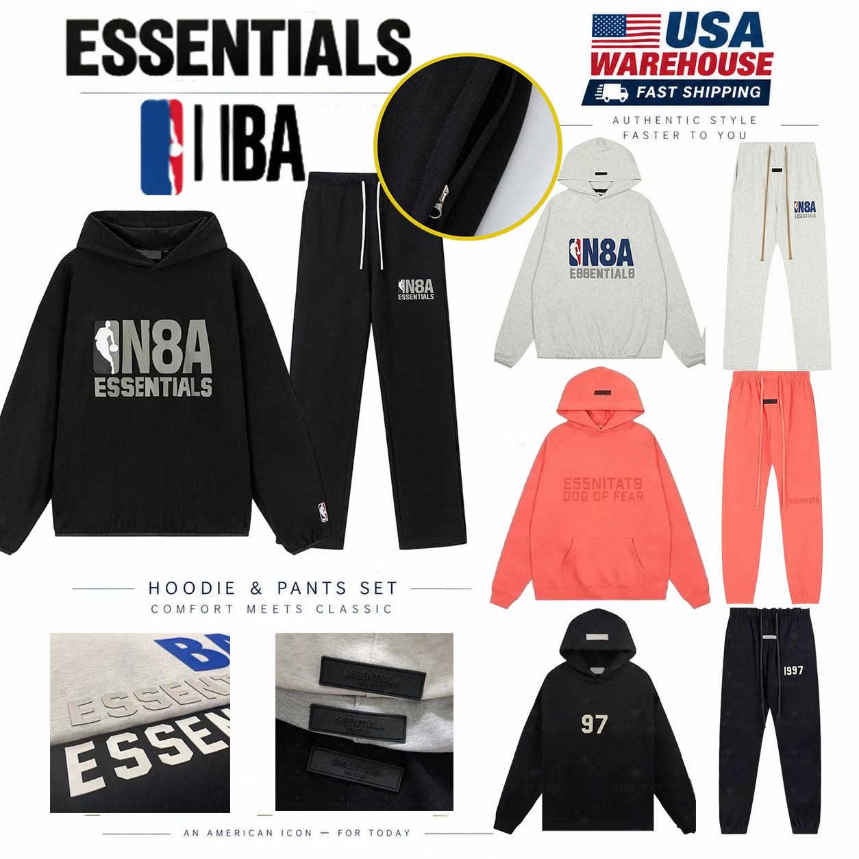 1977 essential tracksuit Mens hoodies set white essential hoodie pants Winter Spring New Arrivals Printed round-neck shirt Thick fleece zipper jacke