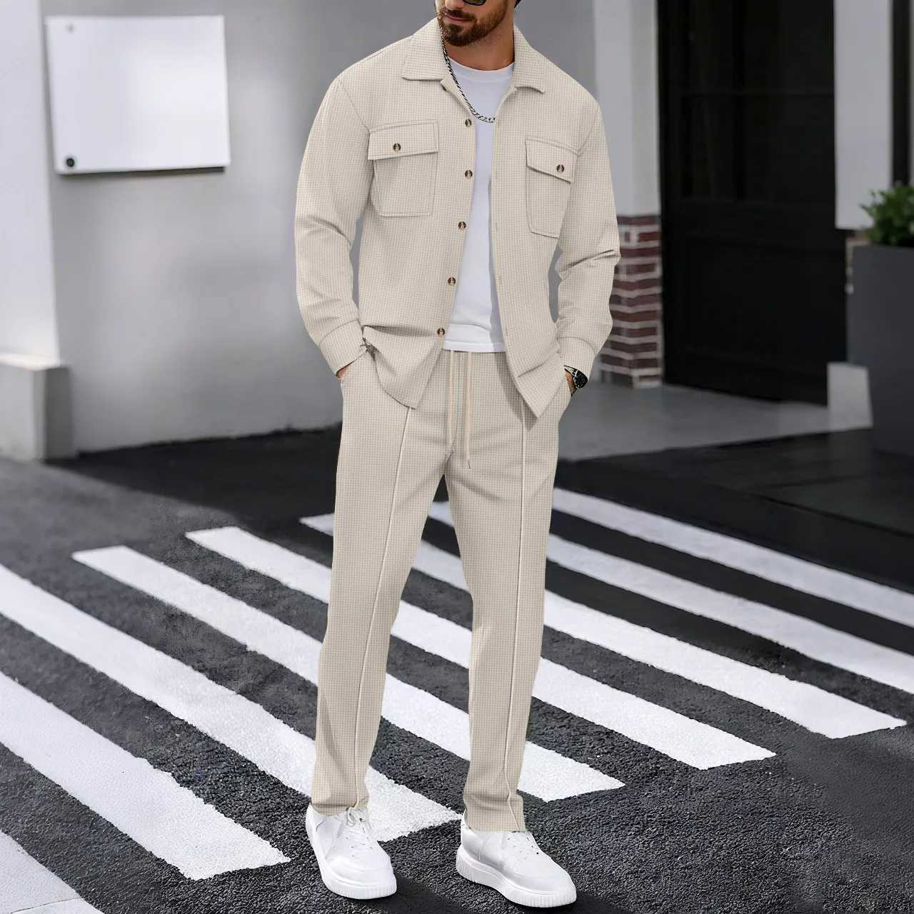 Waffle Men's Men's Tracksuits Check Workwear Fashionable Lapel Button Jacket And Long Pants Comfortable Breathable Casual Business Outfi 1