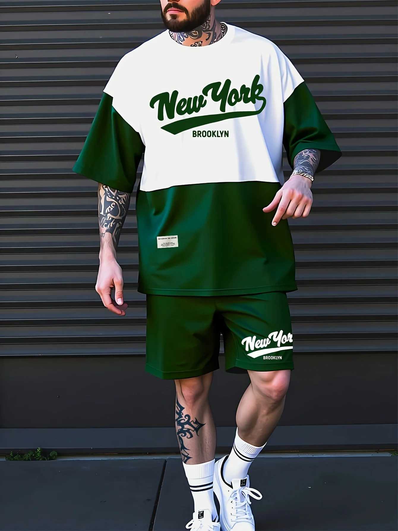 2025 Summer Men's Tracksuits new men's casual sportswear set 3D digital printed round-neck short-sleeved color block T-shirt and shorts J2