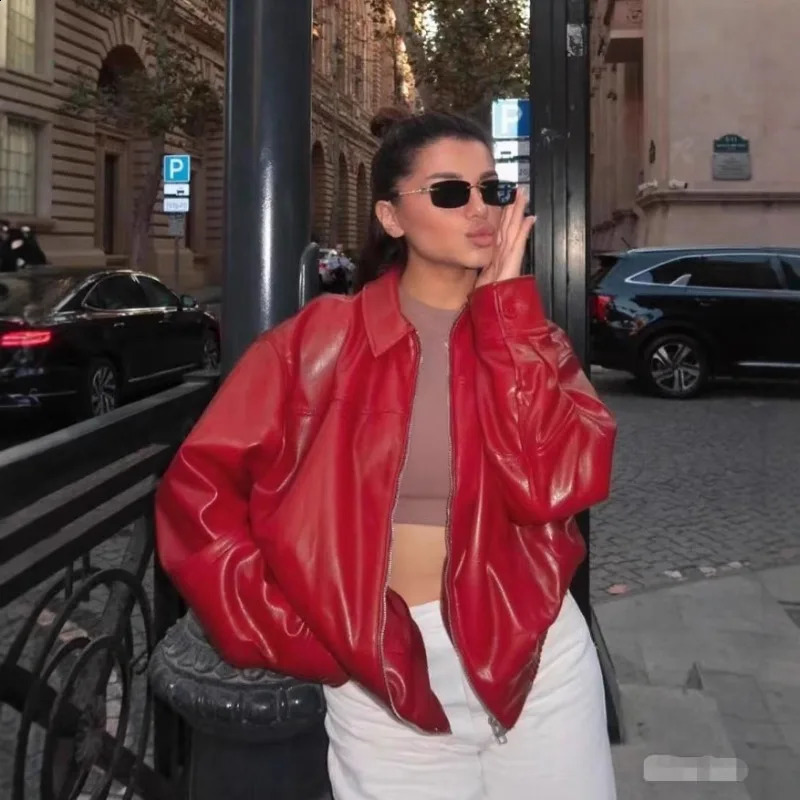 Vintage PU Leather Bomber Jackets Autumn Ladies Zipper Lapel Long Sleeve Pocket Coat Women's Loose Streetwear 260921