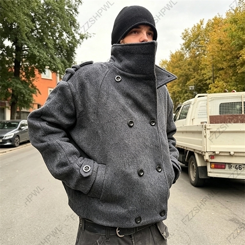 Men Peacoat Vintage High Neck Double Breasted Jacket Oversized Streetwear Rock Punk Casual Loose Outerwear With Pockets 260920