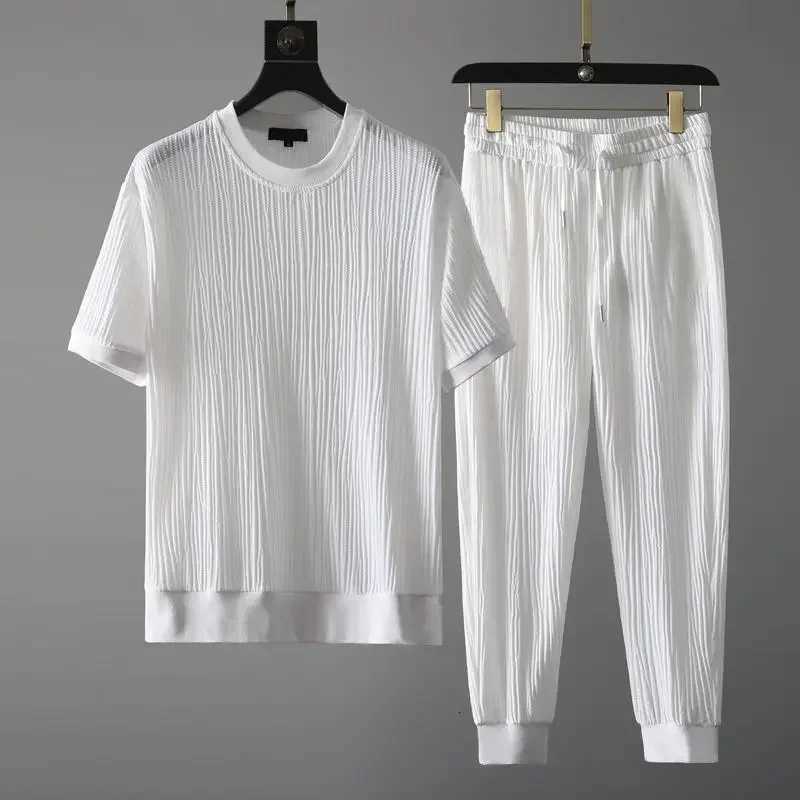 Casual Men's Tracksuits Summer Suit Men's 2025 New Round Neck Elastic Breathable Pleated Short-sleeved Nine-point Pants Thin One Set J2609