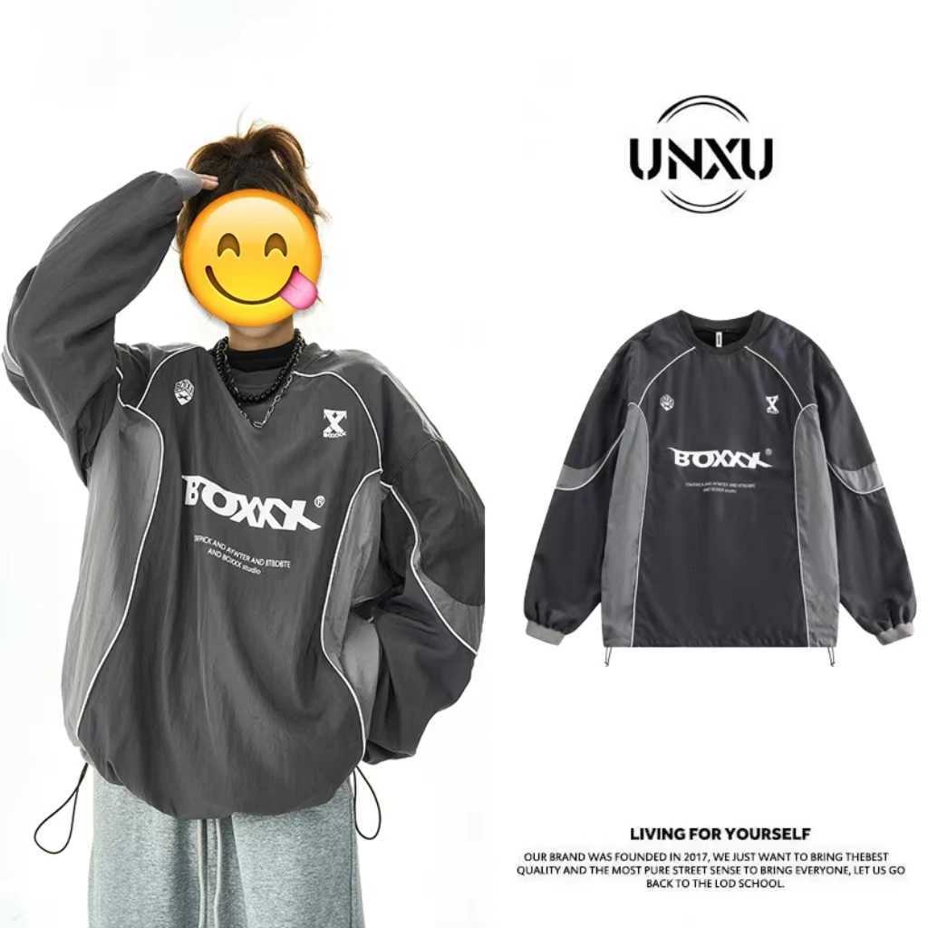 Hoodies Sweatshirts Unxu American Men's Retro Functional Style Color Block Letter Print round Neck Couple Hoodies Men Spring 2024 Casual Wear W