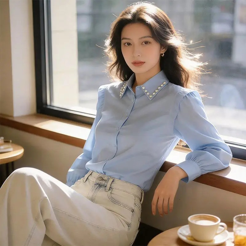 Women Spring Summer Polo Collar Pearl Beaded Ruffle Long Sleeve Shirt Loose Casual Blouse Elegant Tunic Tops 260922