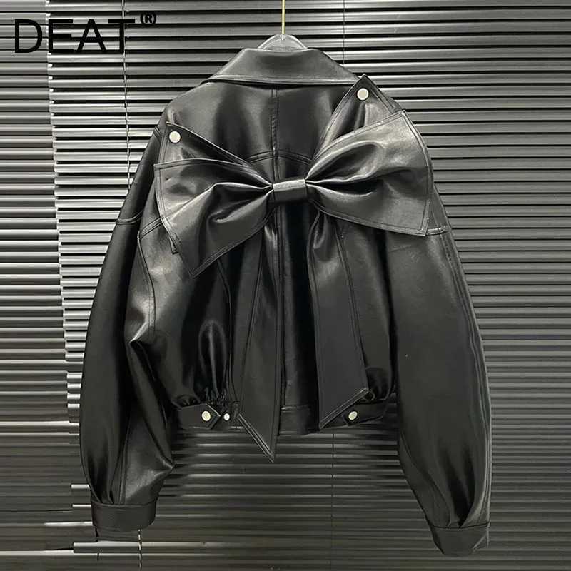 2025 Early DEAT Autumn New Niche Back Big Bow Design Leather Jacket For Women Loose One Button Black Coat Female 11A06141 C260921