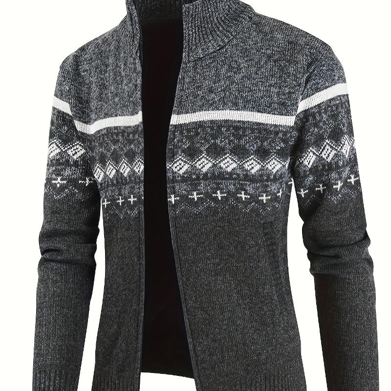 Men Fleece Lined Zip Up Knit Cardigan Stand Collar Geometric Pattern Sweater Long Sleeve Warm Casual Winter Daily Outer Coat For Men