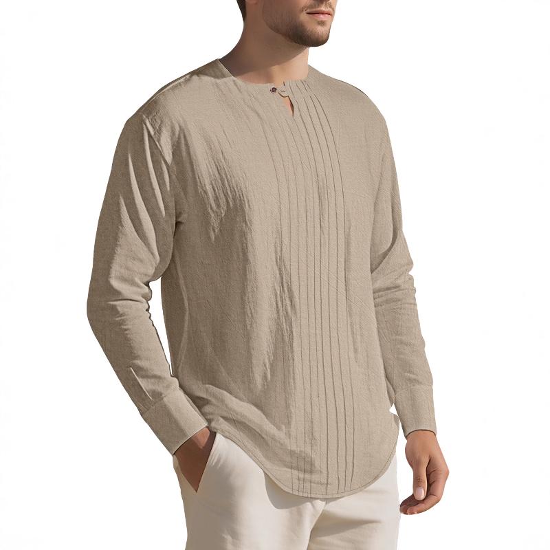 Mens Loose Fit Textured Linen Shirt Long Sleeve Henley Neck Partial Button Front Vertical Pleats Curved Hem Casual Summer Blouse