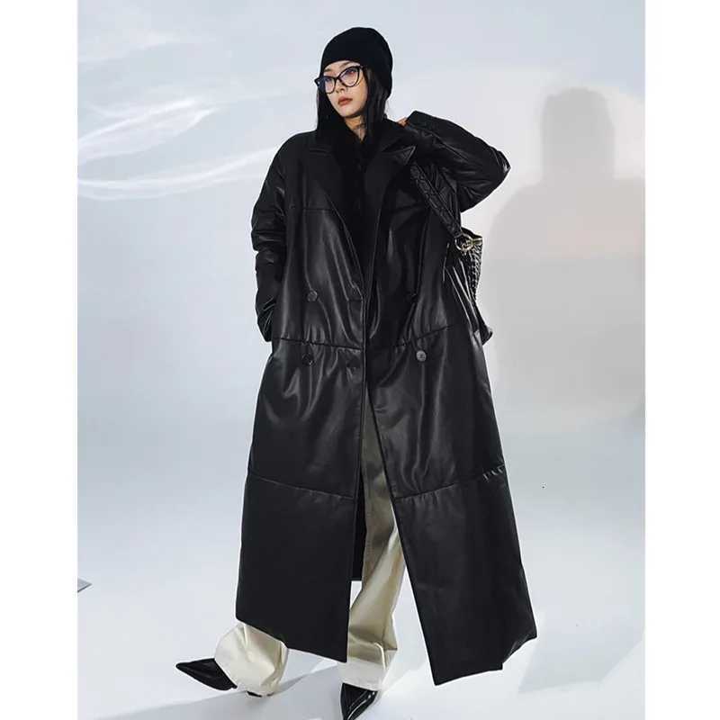 Leather Down Women's Jacket Loose Extra Length Design Goose Down Coat Suit Collar Sheepskin Coat Fashion C260921