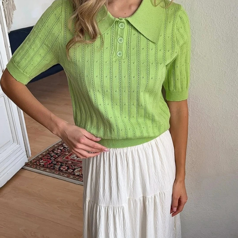 Women Vintage Knitted Crop Tops Office Lady Short Sleeve Turn Down Collar Pullovers Knitwear Casual Solid Color Cutout Tshirt 260921