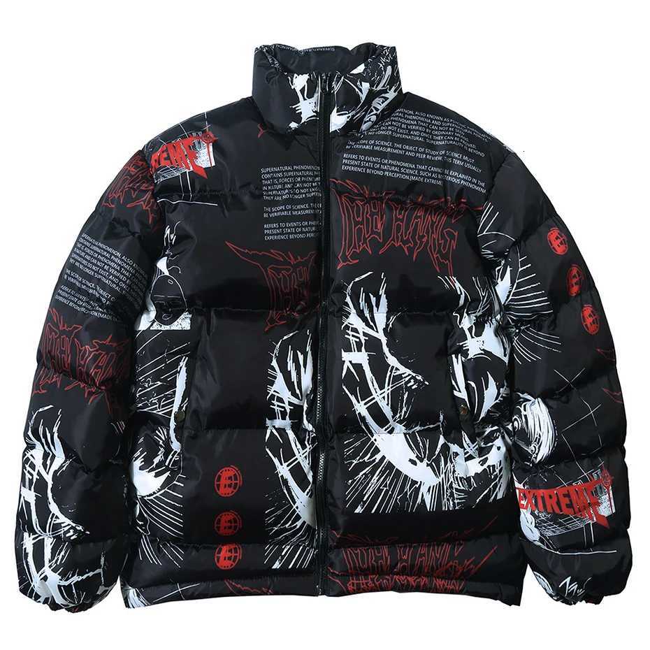 Anime Parkas Streetwear Men's Down Printed Jacket Men Hip Hop Winter Parkas Coat Black Loose Puffer Padded Jackets Y2K Oversized Bubble Coats M