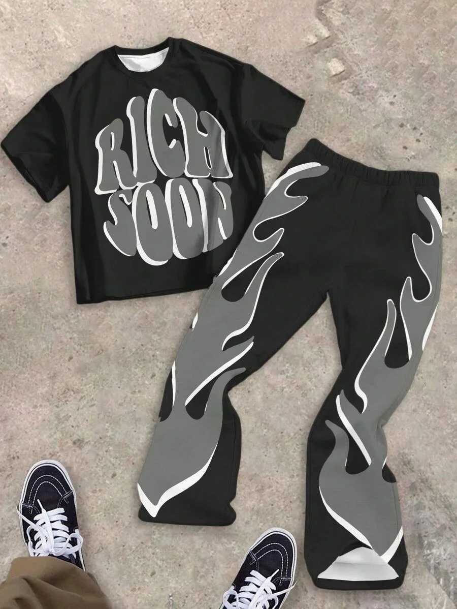 Summer Men's Boy Tracksuits Cool Graphic Flame Print Pattern Crew Neck T-Shirt and Flare Pants 2 Pieces Casual Set Quick Drying Trendy Sportswe