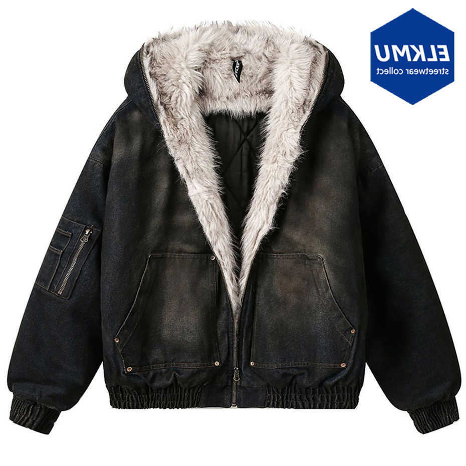 Vintage Parkas Men's Denim Down Parkas Fur Warm Padded Jackets Men Streetwear Harajuku Oversized Bubble Coat Outwear C260922