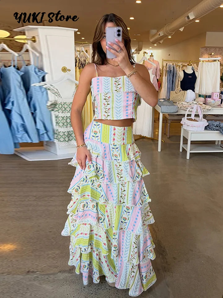 Vacation Floral Printed Cascading Ruffle Skirt Sets Women Sleeveless Sling Top Cake Long Skirts 2026 Summer Holiday Sweet Outfit 260921