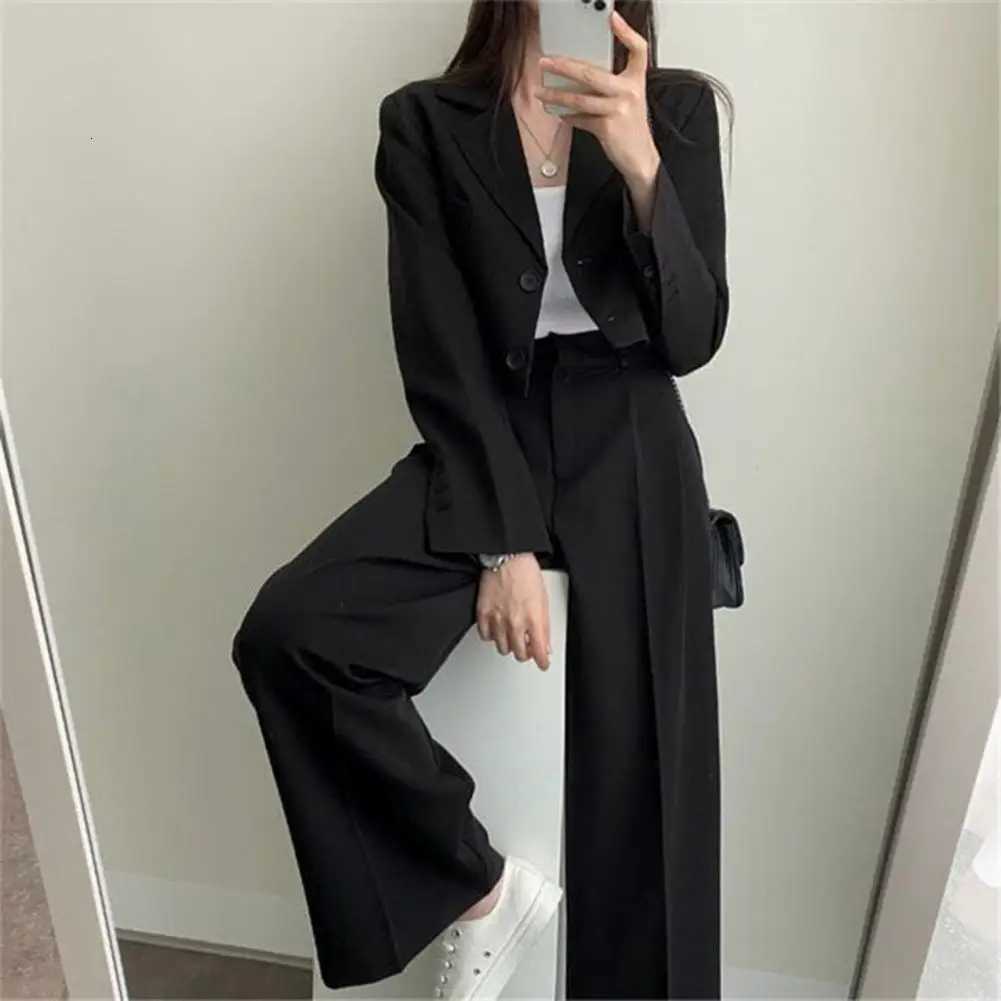 Piece Baseball Sets Women's 2 Business Casual Outfit Cropped Blazer Jacket Solid Color Wide Leg Pants Suit Fall Office Work Wear Set N260922