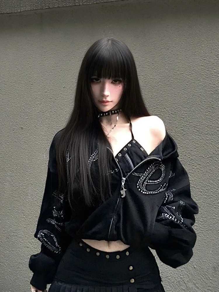 Women's Jackets High Street Gothic Autumn Loose Hoodie Women Fashion Darkly Long Sleeve Zipper Black Coat Hot Girl New Y2k Short Vintage Clothe