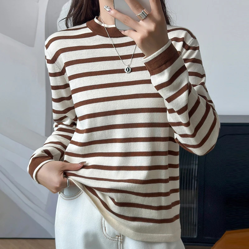 Autumn and Winter 100% Cotton Womens LongSleeved Sweater Casual Striped Knitted Round Neck Pullover Loose Selling 260922