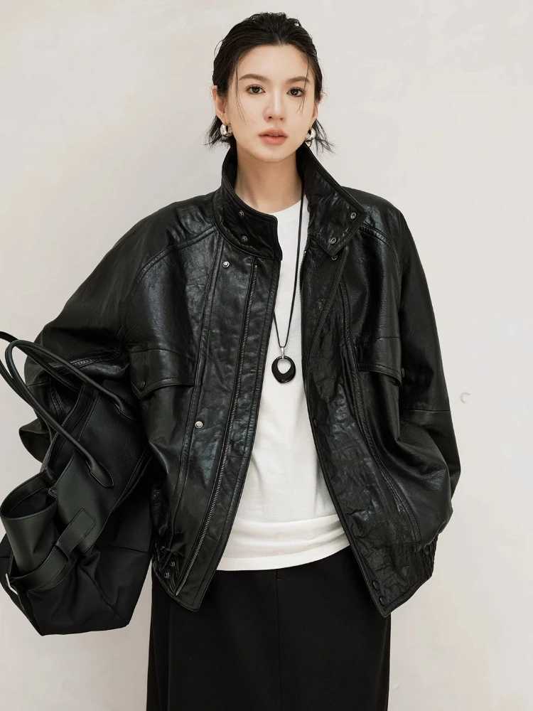 Genuine Leather Vintage Motorcycle Jackets for Women Spring Autumn High-end Simple Loose Stand Collar Bubble Real Sheepskin Coat C260921